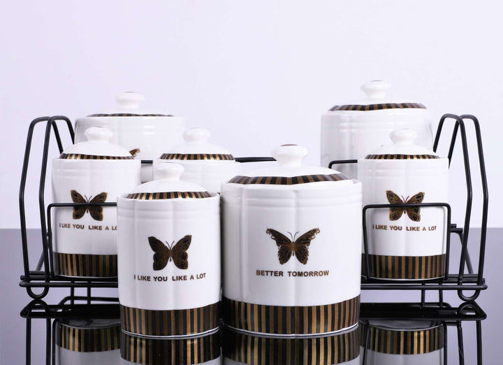 Set de 7 recipiente pentru condimente din portelan + suport metal