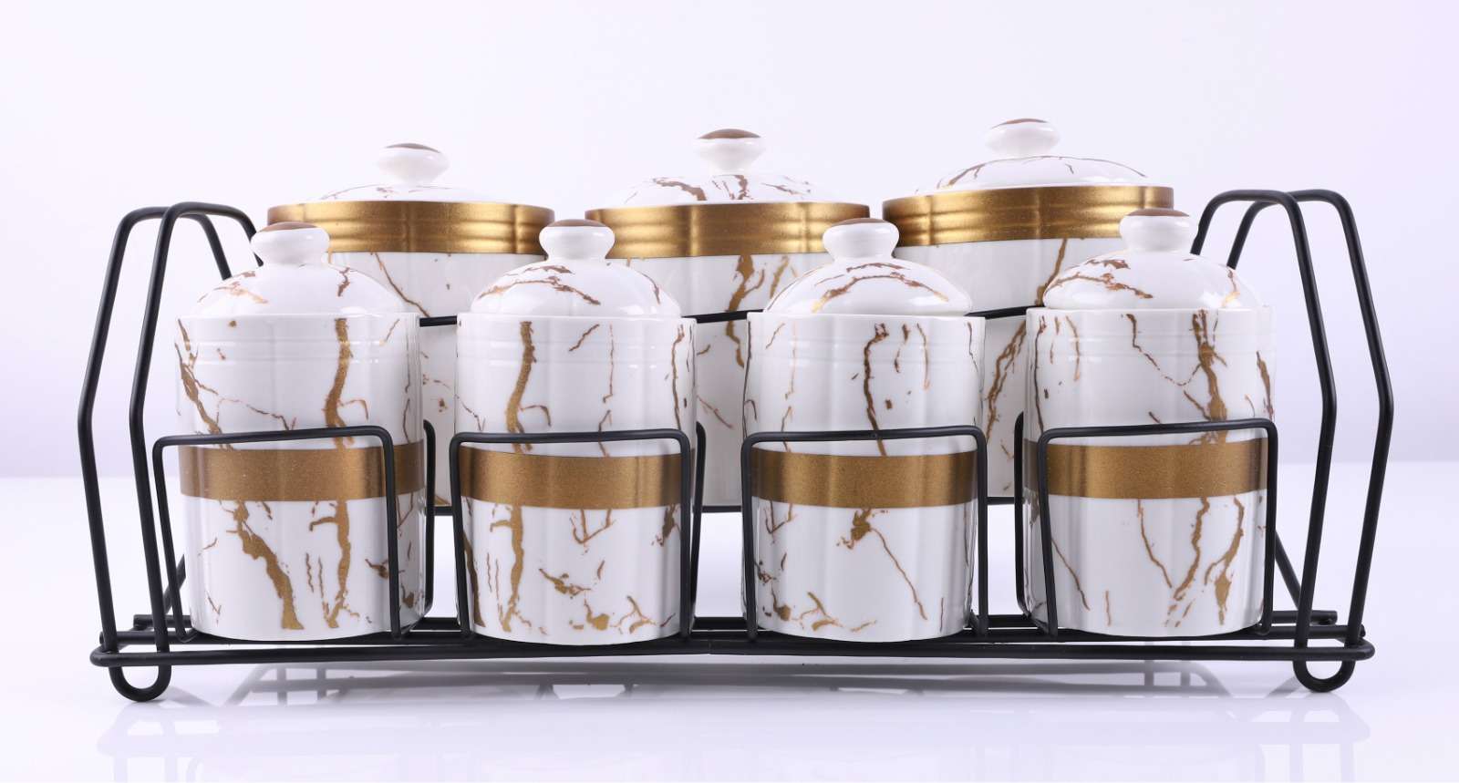 Set de 7 recipiente pentru condimente din portelan + suport metal