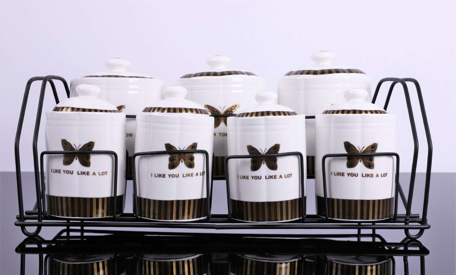 Set de 7 recipiente pentru condimente din portelan + suport metal