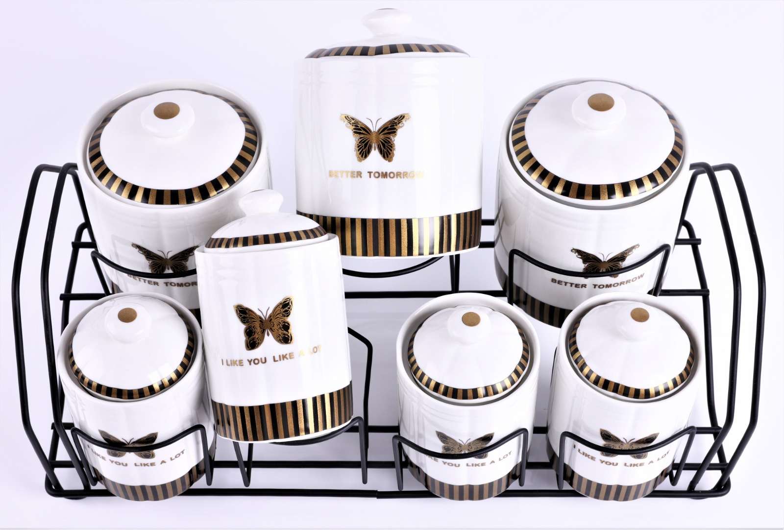 Set de 7 recipiente pentru condimente din portelan + suport metal