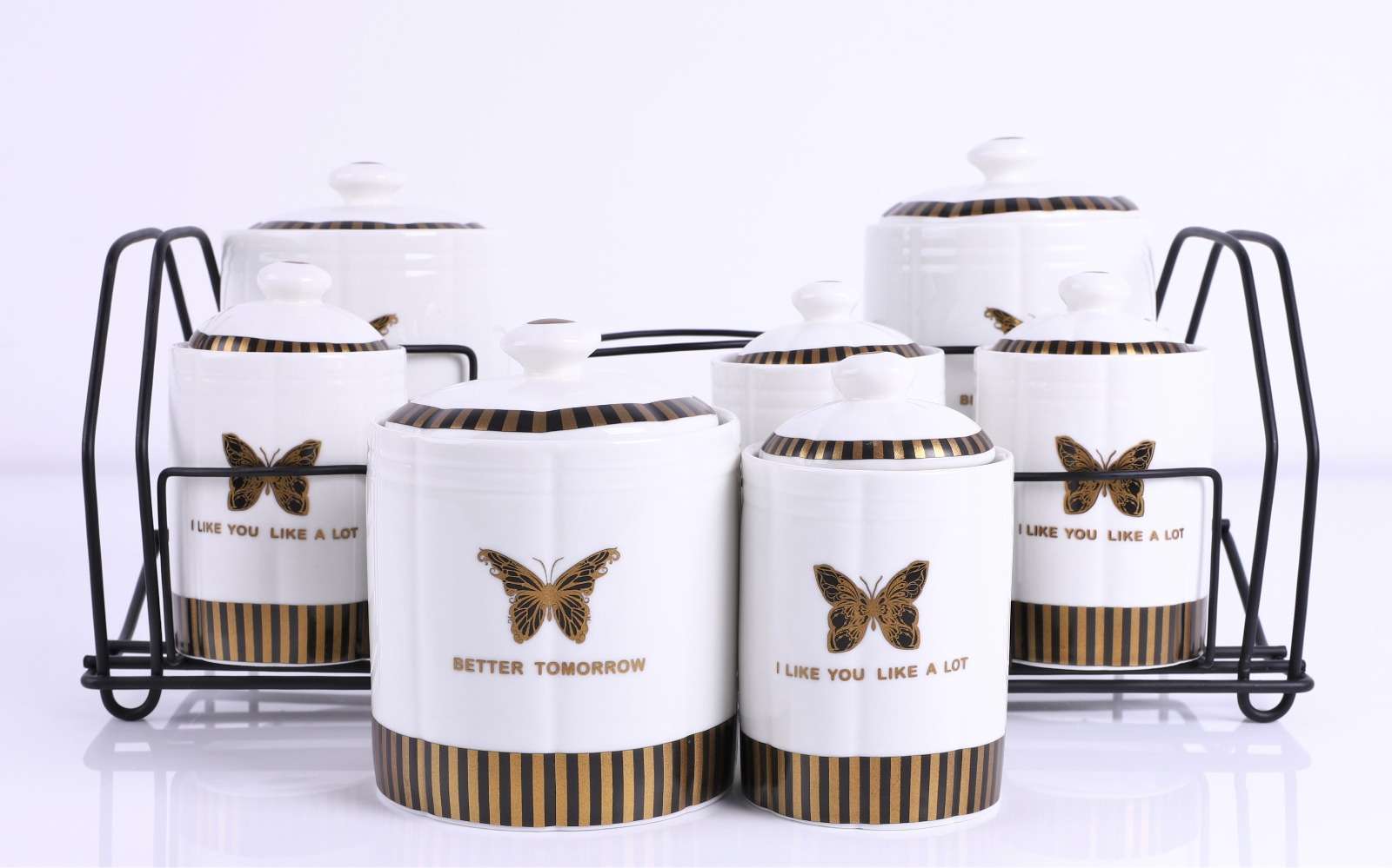 Set de 7 recipiente pentru condimente din portelan + suport metal