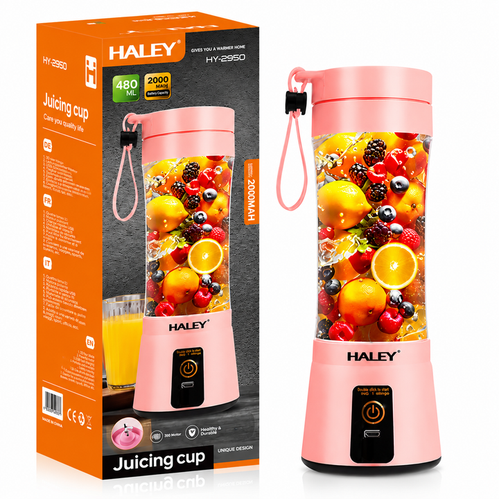 Blender Portabil Haley HY-2950, 480 ml, Baterie 2000 mAh, Reîncărcabil USB, Mini Smoothie Maker pentru Fructe și Legume