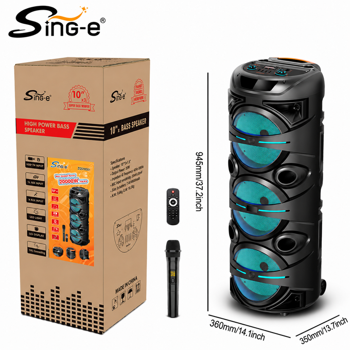 Boxă Portabilă Karaoke Sing-e ZQS10301, 20000W PMPO, 3 x 10", Bluetooth, USB/TF, AUX, Intrare Microfon, LED RGB, Acumulator 5000mAh