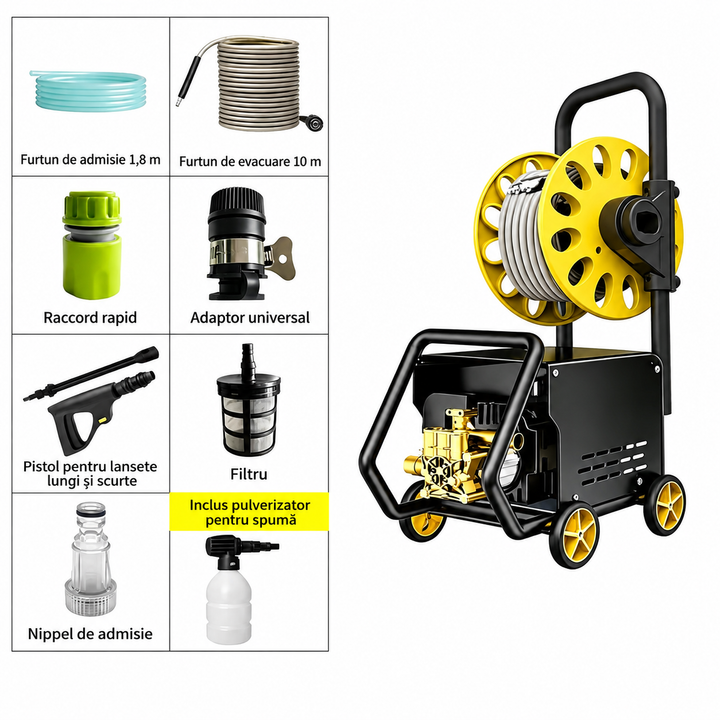 Spălător cu Înaltă Presiune AT PERFORMANCE® AT-2091, cu Tambur pentru Furtun, Pulverizator pentru Spumă și Kit Complet de Accesorii