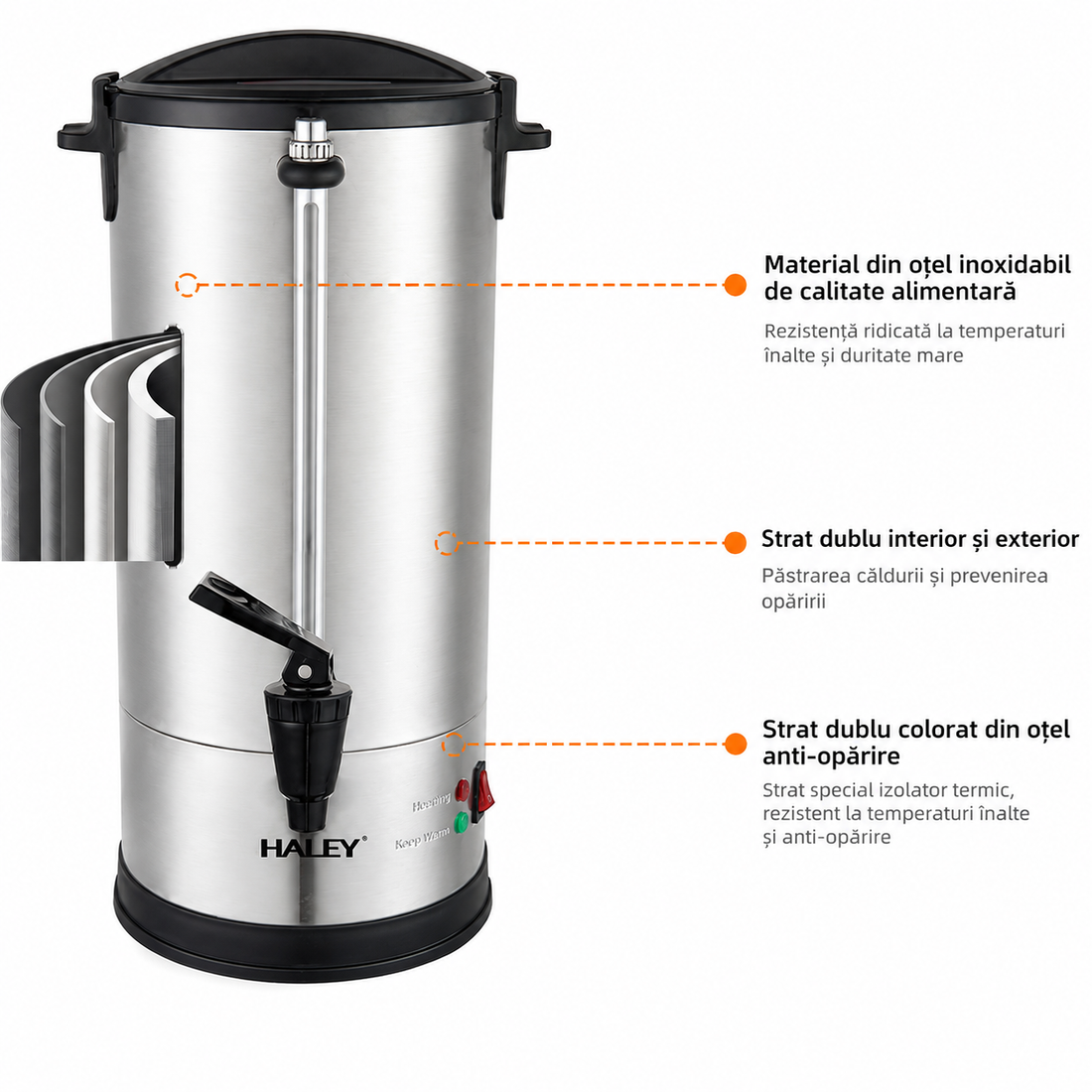Termos Electric Profesional HALEY HY-6935L, 35L, 2500W, Inox 304, Robinet, Indicator Nivel Apă, Menținere Temperatură