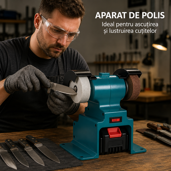 Polizor Electric Mini AT PERFORMANCE® cu 2 Acumulatori 48V 5Ah, Dublă Piatră de Șlefuit pentru Ascuțire și Finisare