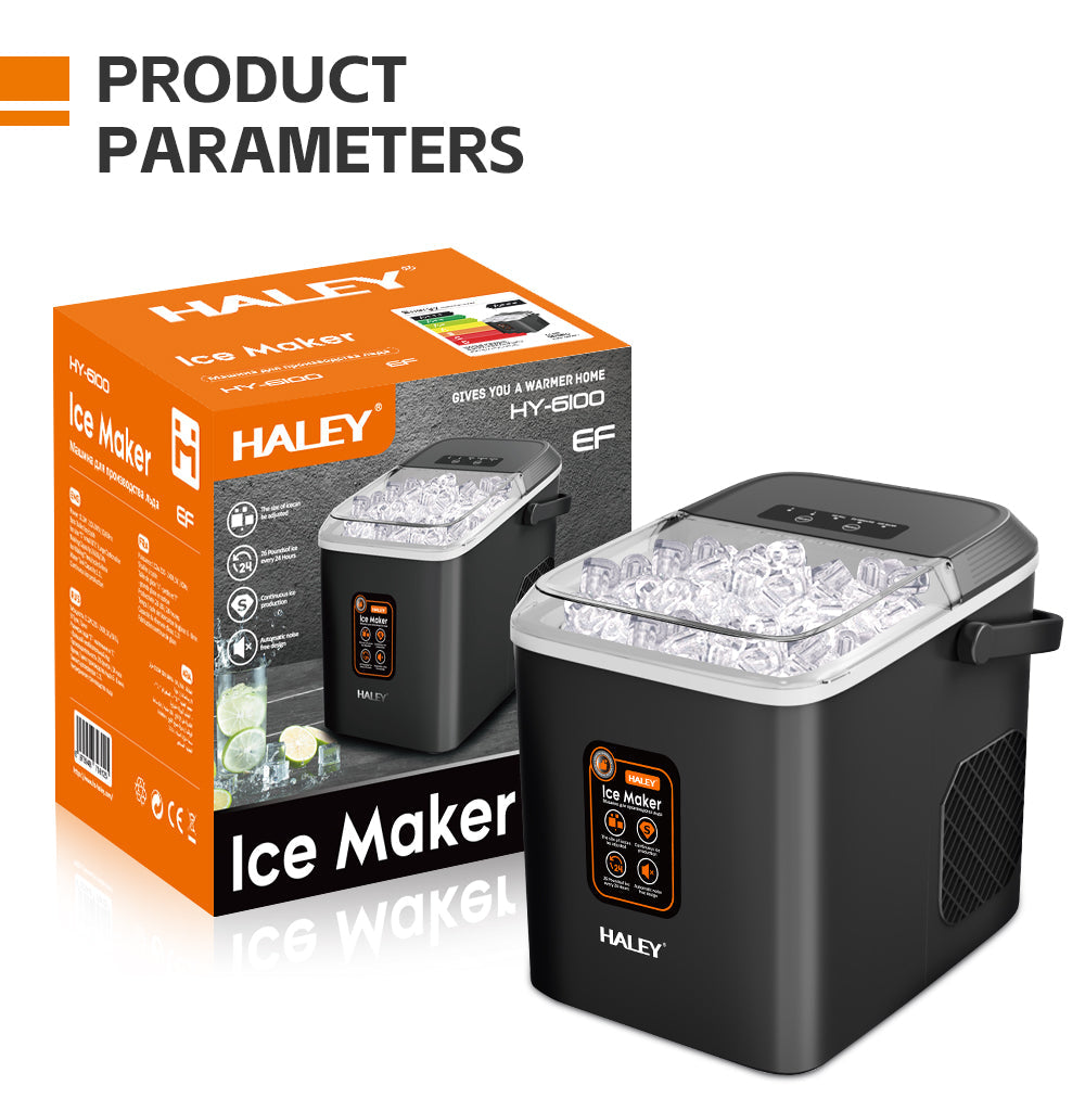 Mașină de Gheață HALEY, 12 kg/24h, Compactă, Avertizare Gheață Plină și Apă Joasă, Curățare Automată, 112W