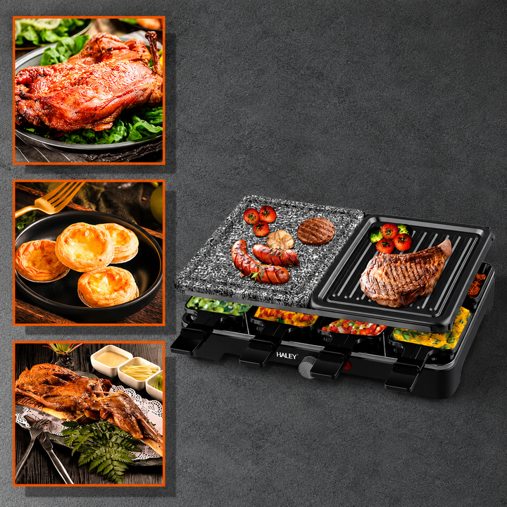 Grill Electric Multifuncțional HALEY HY-8610, 10 în 1, 1500W, Raclette cu 8 Tăvițe, Placă Grill și Piatră pentru Gătit, Temperatură Reglabilă