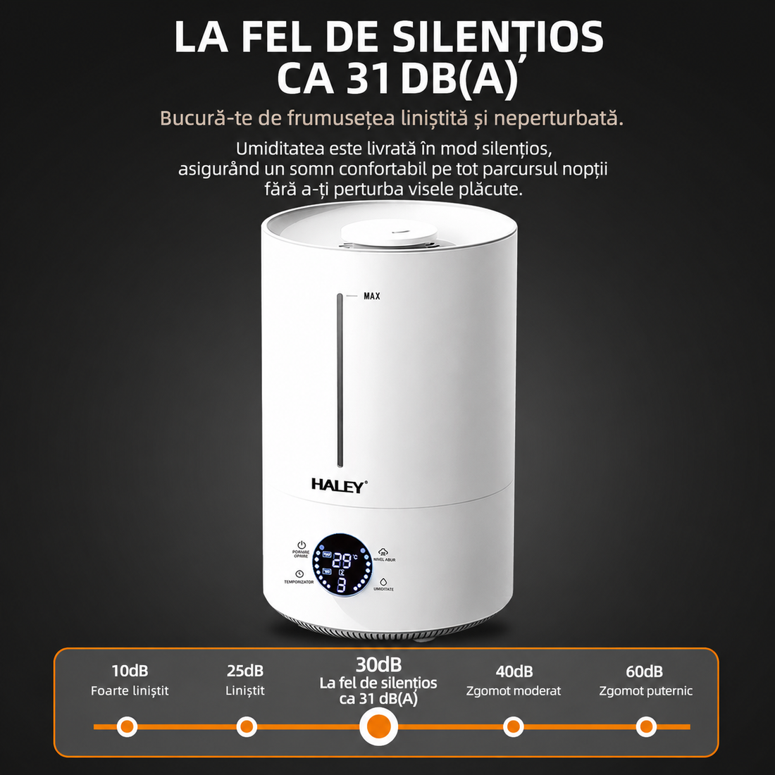 Umidificator de Aer HALEY HY-3101, Rezervor 5L, Umidificare 360°, Intensitate Reglabilă, Umplere de Sus, Panou Digital, 1000W, Alb