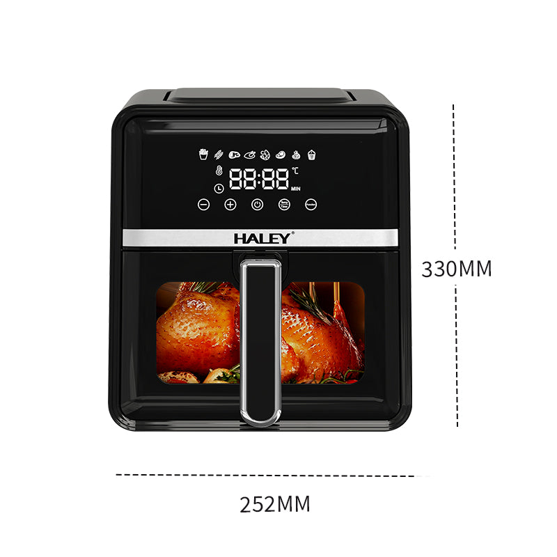 Friteuză cu Aer Cald HALEY 7L, 2000W – Gătire 360°, Touchscreen Holografic, Geam Vizualizare 180°, 8 Programe, Fără Ulei | Gătit Sănătos și Crocant