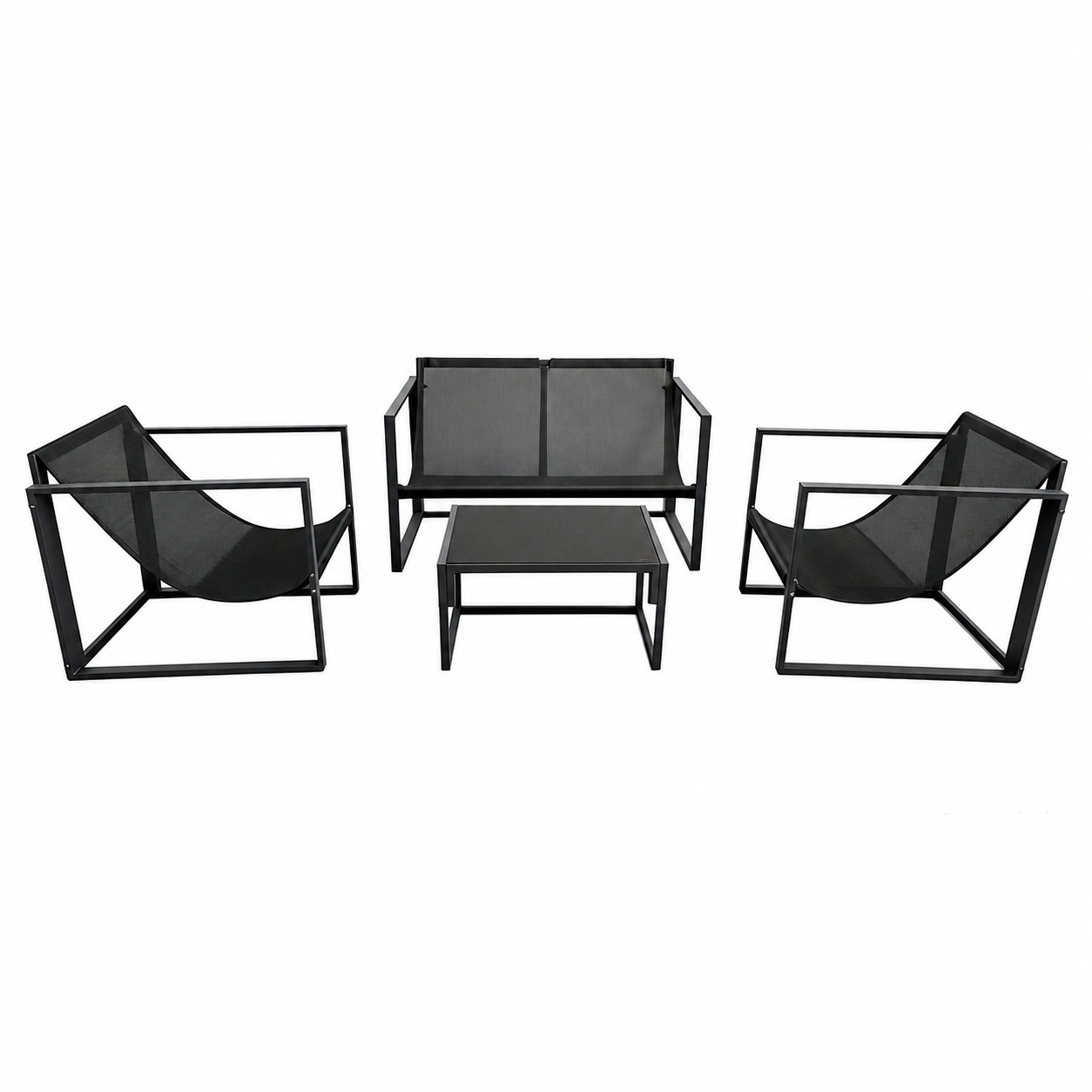 Set Mobilier Grădină AT PERFORMANCE® 4 Piese, Canapea 2 Locuri + 2 Fotolii + Măsuță cu Sticlă Securizată Neagră, Cadru Metalic