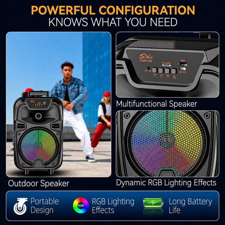 Boxă Portabilă Bluetooth Sing-e® ZQS8188, 200W PMPO, Difuzor 8", Microfon Wireless, LED RGB, USB, TF Card, FM Radio, Telecomandă, Acumulator 3000mAh