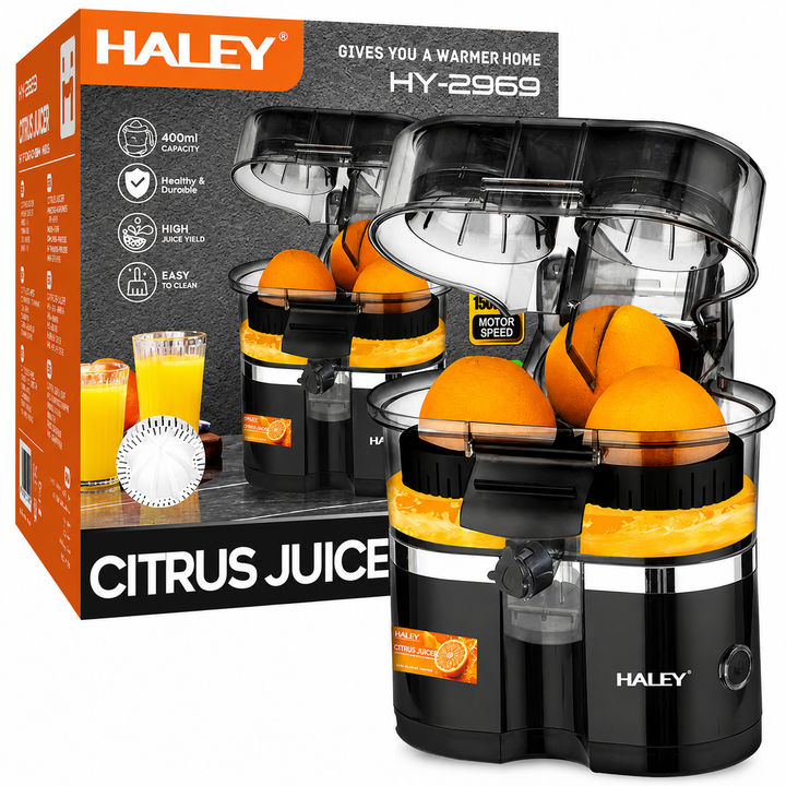 Storcător Electric pentru Citrice Haley HY-2969, 650W, 15.000 RPM, Recipient 400 ml, Tăietor Integrat, Sistem Automat de Alimentare, Negru