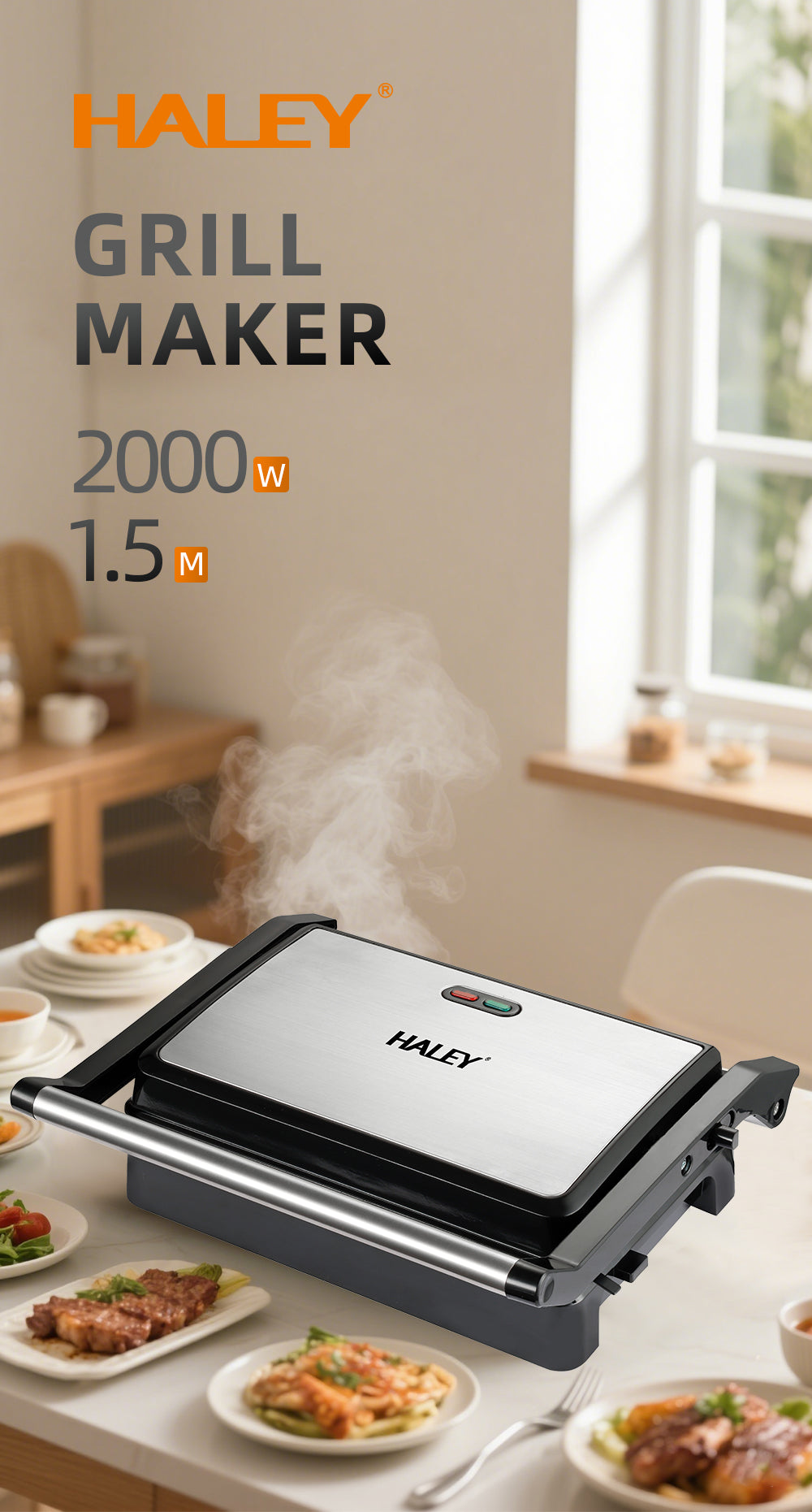 Grill Maker HALEY 2000W, Full Inox, Argintiu/Negru, Tuburi de Încălzire Curvate, Tavă de Gătit Integrată