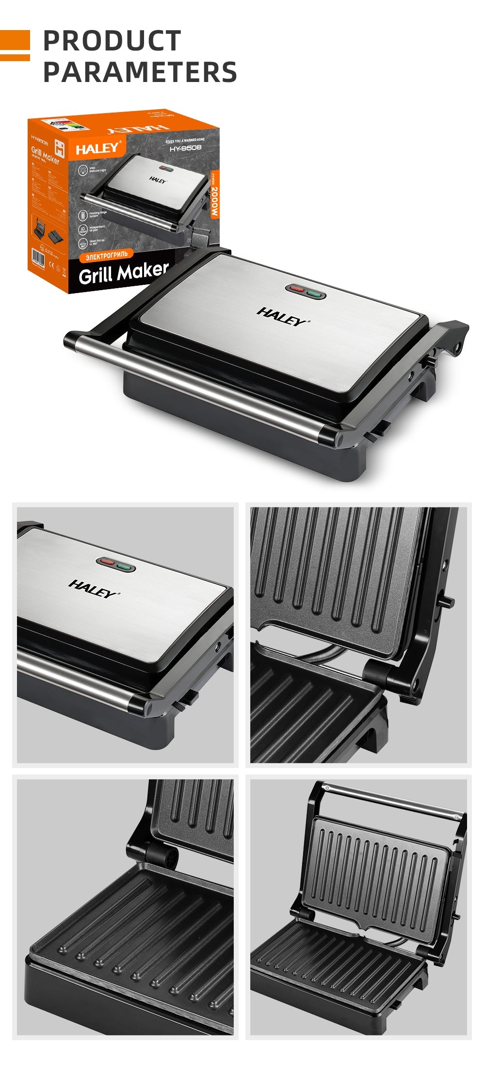 Grill Maker HALEY 2000W, Full Inox, Argintiu/Negru, Tuburi de Încălzire Curvate, Tavă de Gătit Integrată