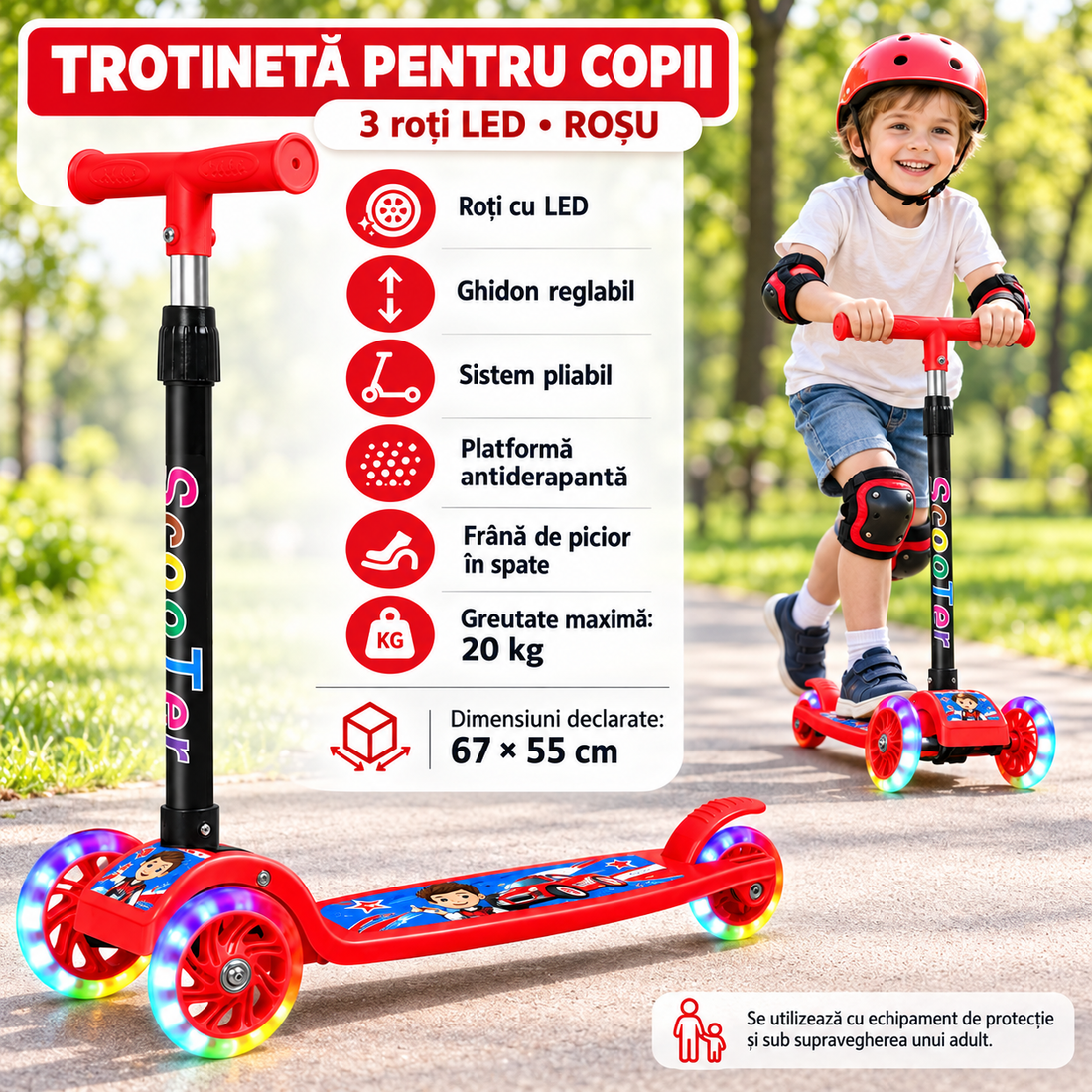 Trotinetă HNT pentru Copii cu 3 Roți LED, Pliabilă, cu Ghidon Reglabil și Frână Spate, ROSU