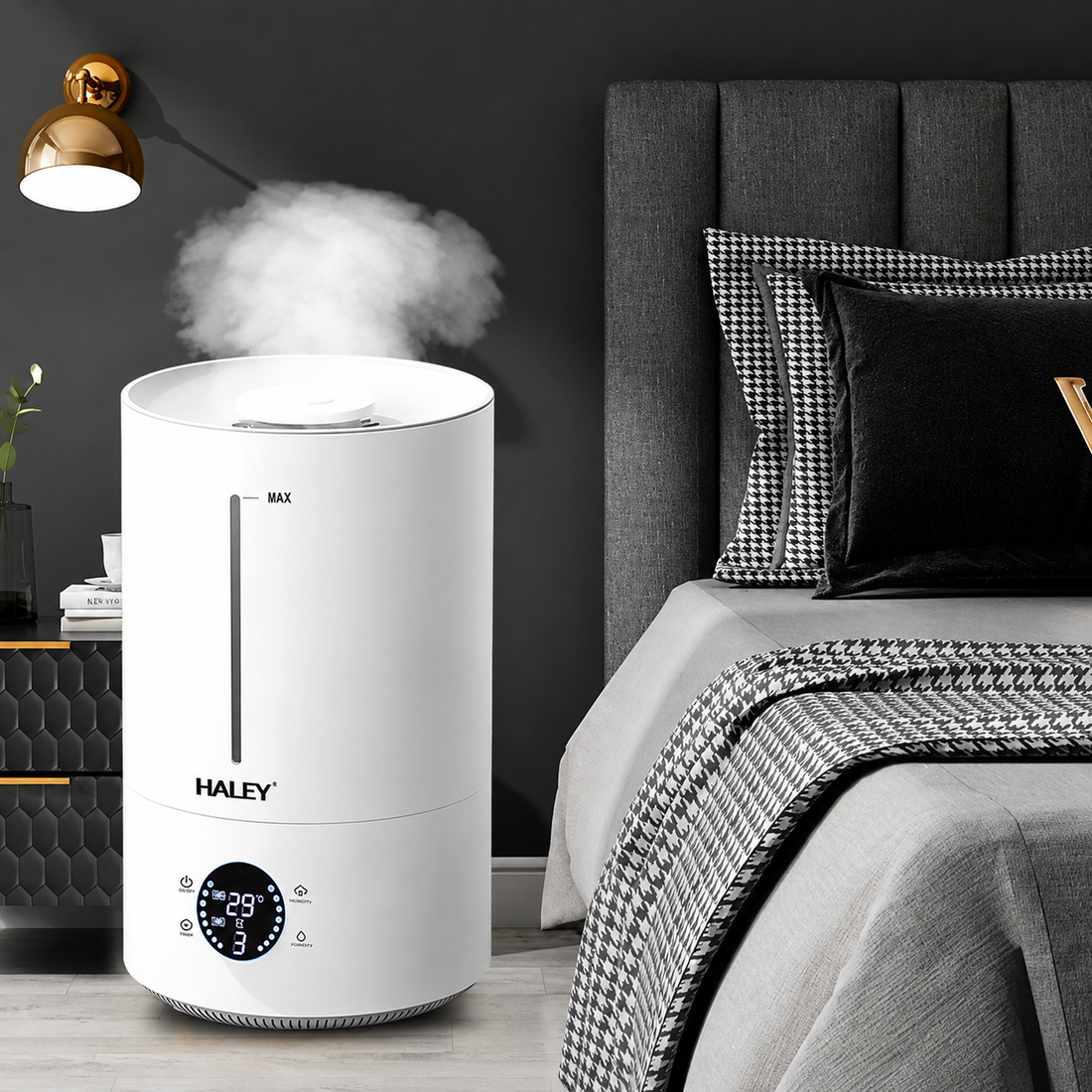 Umidificator de Aer HALEY HY-3101, Rezervor 5L, Umidificare 360°, Intensitate Reglabilă, Umplere de Sus, Panou Digital, 1000W, Alb