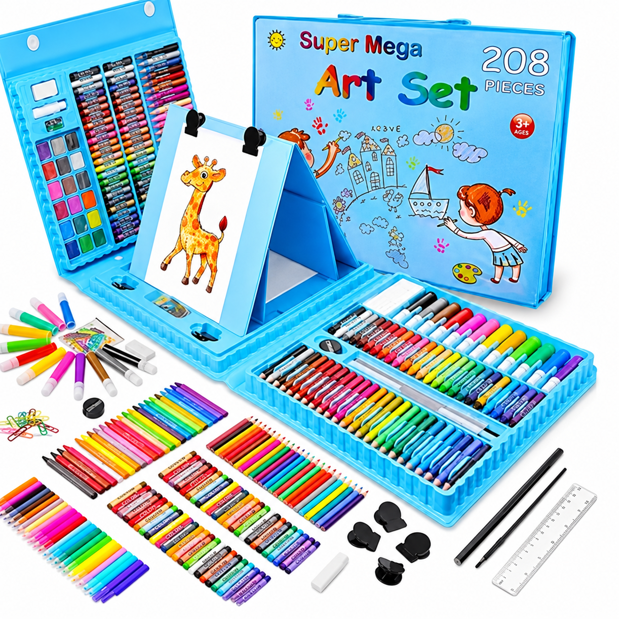 Set de Desen și Pictură pentru Copii, 208 Piese, Carioci, Creioane Colorate, Acuarele și Pensule, în Valiză, Albastru și Roz