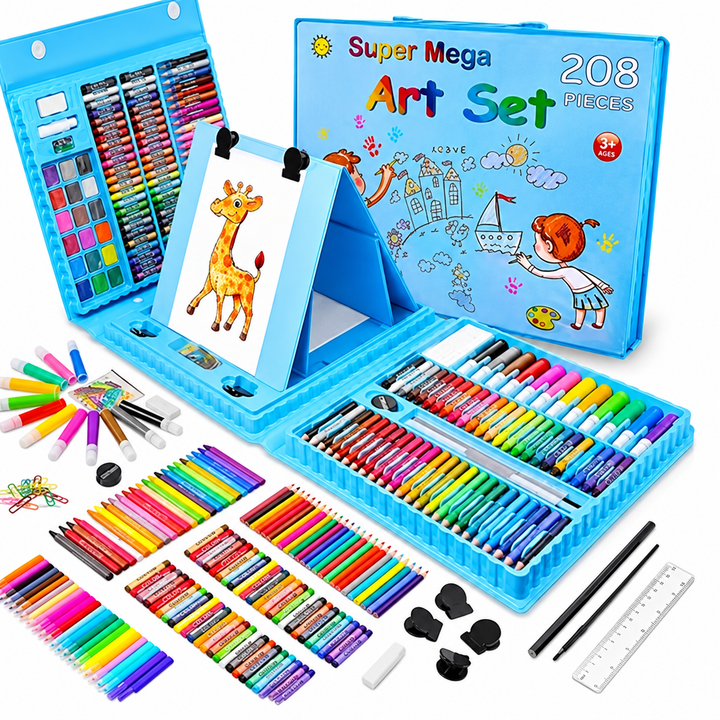 Set de Desen și Pictură pentru Copii, 208 Piese, Carioci, Creioane Colorate, Acuarele și Pensule, în Valiză, Albastru și Roz