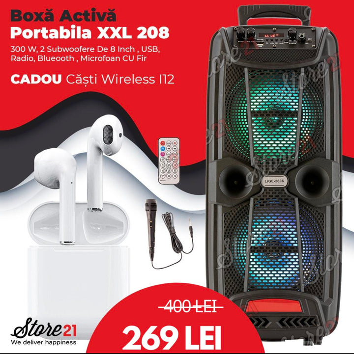 Boxa Activa Portabila XXL 208, 300 W, 2 Subwoofere De 8 Inch , USB, Radio, Blueooth , Microfoan CU Fir+ Castii wireless I12!