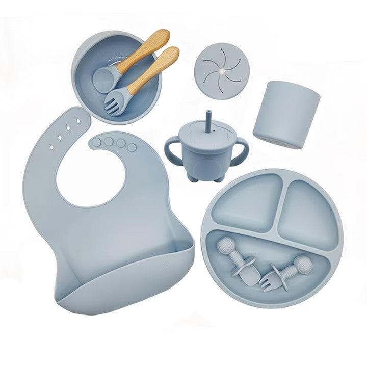 Set 10 piese hranire bebe, diversificare, silicon, baveta, farfurie, bol cu ventuza, lingurita si furculita, cana gustari, lingurita de lemn, si furculita de lemn, fara alergeni, ceasca dreapta, Roz.