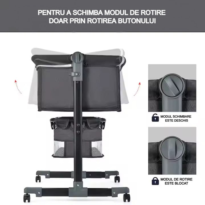 Pătuț Reglabil 6 în 1 AT PERFORMANCE® pentru Bebe – Leagăn, Pătuț de Călătorie, Coș Depozitare, Plasă Țânțari, Saltea Moale, Roți 360°, Gri
