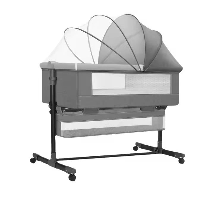 Pătuț Reglabil 6 în 1 AT PERFORMANCE® pentru Bebe – Leagăn, Pătuț de Călătorie, Coș Depozitare, Plasă Țânțari, Saltea Moale, Roți 360°, Gri
