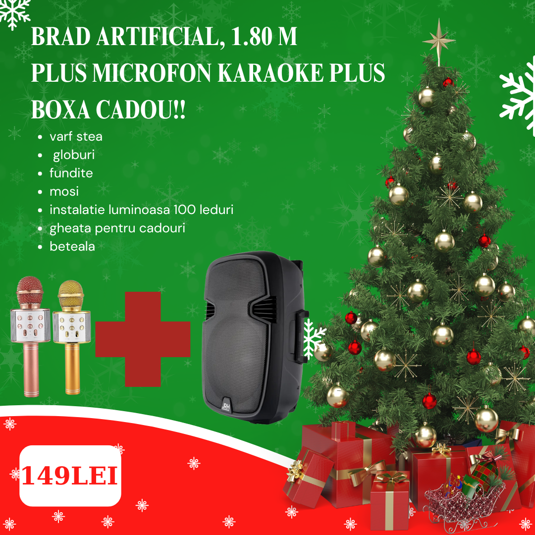 Brad artificial, 1.80 m, complet impodobit plus microfon karaoke si boxa cadou