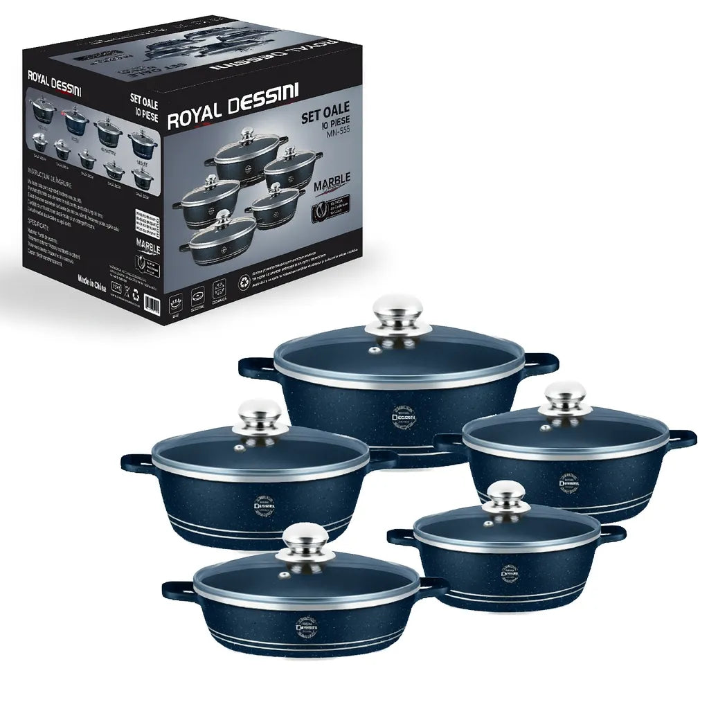 Set Premium 10 Piese AT PERFORMANCE – Oale cu acoperire din marmură și capace din sticlă semitransparentă, 5 dimensiuni pentru gătit versatil