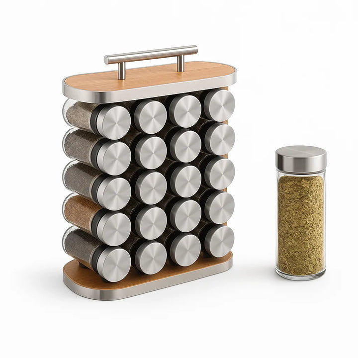 Set 16 recipiente condimente din sticla, cu suport din MDF, 29 x 28 x 12 cm.