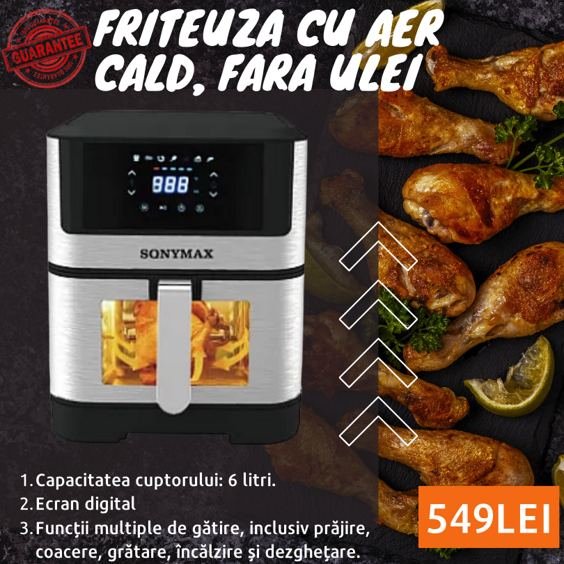 Friteuza cu Aer Cald, Fara Ulei, 6L, 2400W, Functie de Coacere, USA CU GEAM