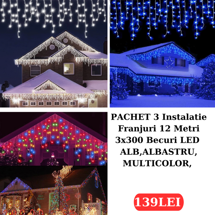 PACHET 3X Instalatie Franjuri 12 Metri, 3 x 300 Becuri LED ALB,Multicolor,ALBASTRU