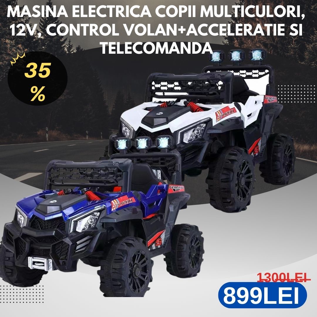 Masina electrica copii multiculori, 12V, control volan+acceleratie si telecomanda