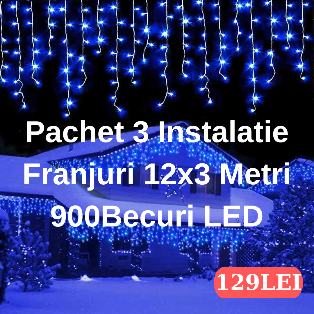 PACHET 3X Instalatie Franjuri 12 Metri, 3 x 300 Becuri LED ALB,Multicolor,ALBASTRU