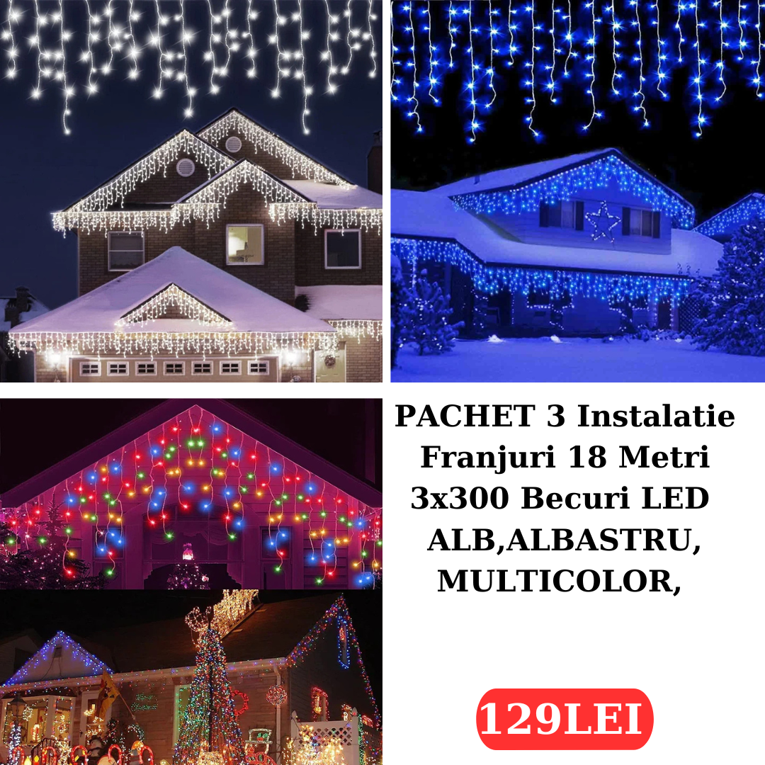 PACHET 3X Instalatie Franjuri 12 Metri, 3 x 300 Becuri LED ALB,Multicolor,ALBASTRU