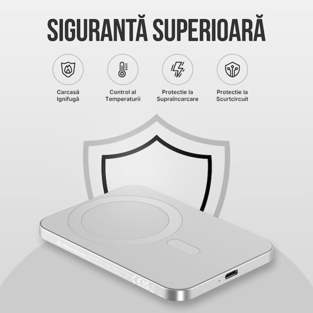 Baterie Externa Wireless Vitse Slim by Vitse 12.000 mAh, Compatibila iPhone 12-15 Pro si Android, Power Bank fast charger, incarcare Wireless QI 20W, Portabila, Cablu Type-C, Alb