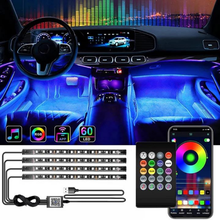 Kit iluminare ambientala auto banda LED RGB, interior masina, 4 benzi, 48 leduri, senzor muzica, multicolor, 12V, cu telecomanda.