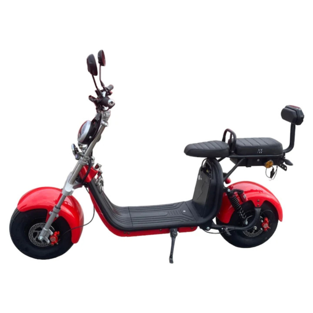 Scuter Electric 2 Persoane, Viteză Limitată 25 km/h – Fără Permis, Viteza maxima 45 km/h, Autonomie 50 km, Motor 1500W, Baterie 20Ah, Suspensie Hidraulică, COC Inclus ROSU