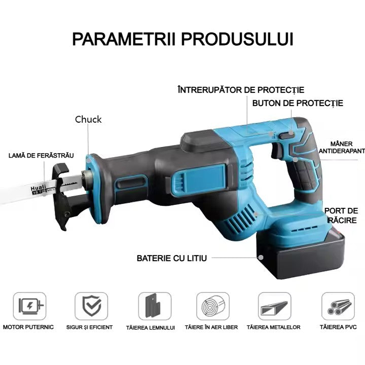 Fierăstrău Electric Alternativ AT PERFORMANCE® 3000RPM, 2 Acumulatori 36V, Tăiere Lemn și Metal, Cuplu Mare, Negru/Albastru
