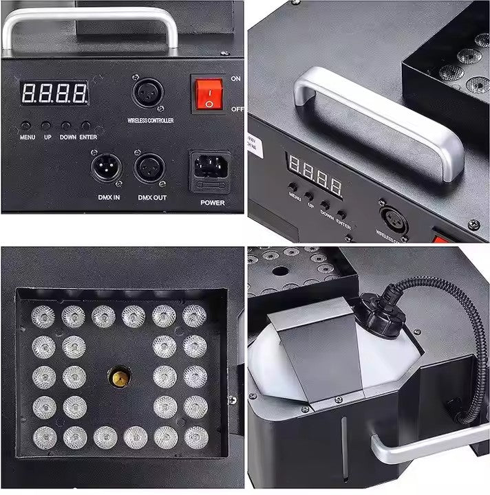 Mașină de Fum Verticală AT PERFORMANCE® 1500W cu 24 LED-uri RGB, Control DMX & Wireless, Efecte Luminoase pentru Scenă, DJ, Evenimente – 3L Capacitate