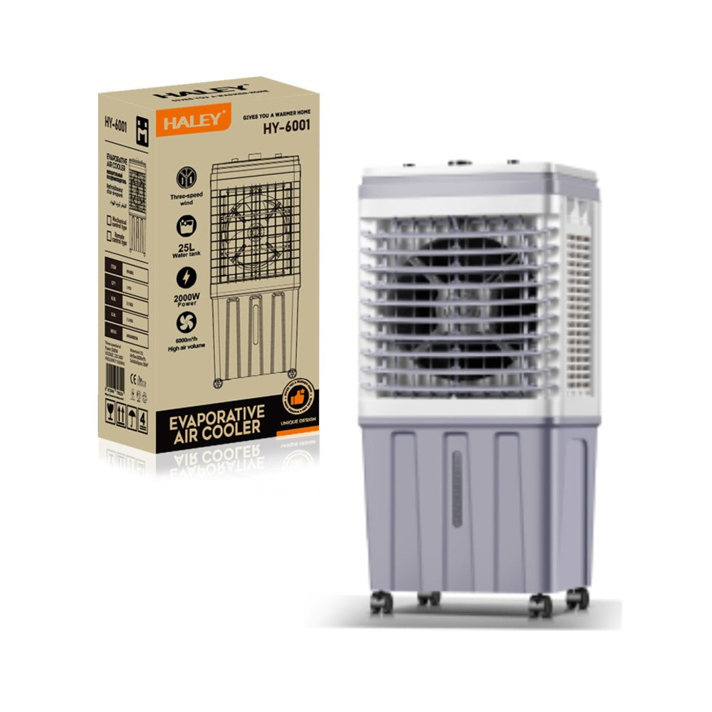 Răcitor de Aer Portabil HALEY, 2000W, Rezervor 25L, 3 Viteze, 2 Cutii Gheață, Debit 6000 m³/h, Alb/Gri, Control Mecanic