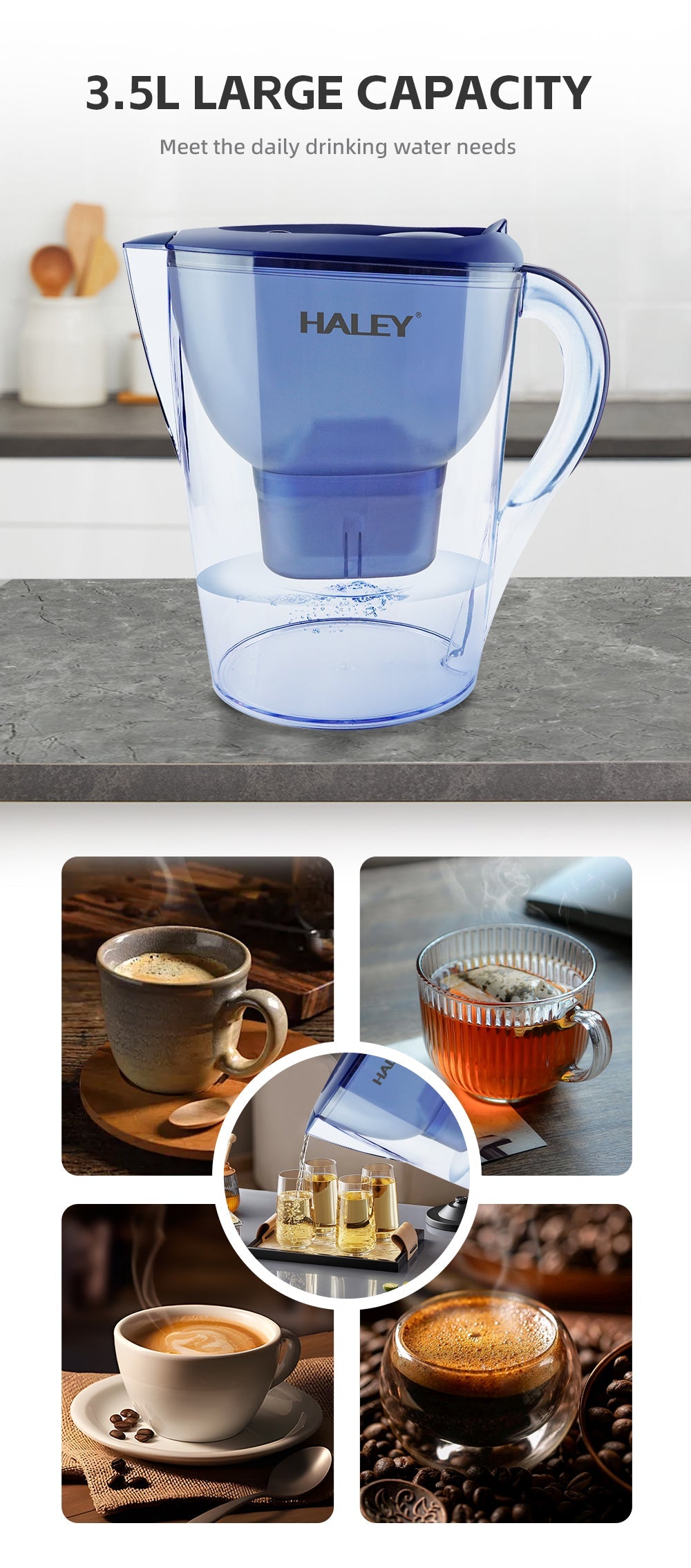 Cană Filtrantă Apă HALEY 3.5L Albastră – Filtru Multistrat, Gura Anti-Praf, Indicator Schimb Filtru, Design Compact