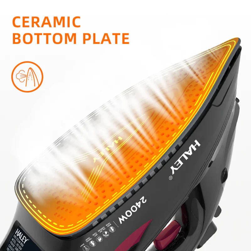 Fier de călcat cu abur HALEY® HY-2060, 2400W, Talpă ceramică, Abur vertical, Auto-curățare,  Negru