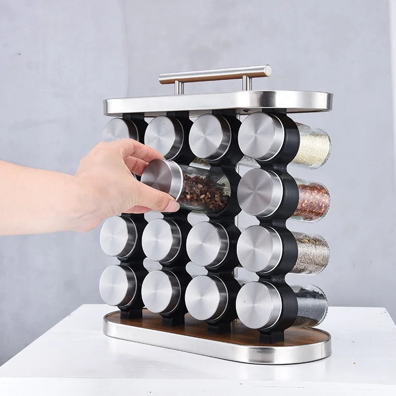 Set 16 recipiente condimente din sticla, cu suport din MDF, 29 x 28 x 12 cm.