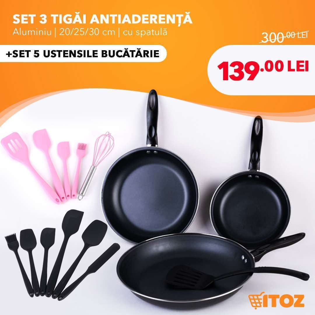 Set 3 tigai antiaderenta, Aluminiu, 20/25/30 cm cu spatula, PLUS Set 5 ustensile bucatarie