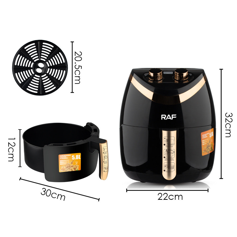 Friteuza electrica profesionala Air Fryer alb, AT PERFORMANCE®, RAF Air Fryer 5.8L 1500W Manual, Multi-Purpose, 360 Air Circulation R.5232 - Gatit sanatos si eficient pentru intreaga familie, negru