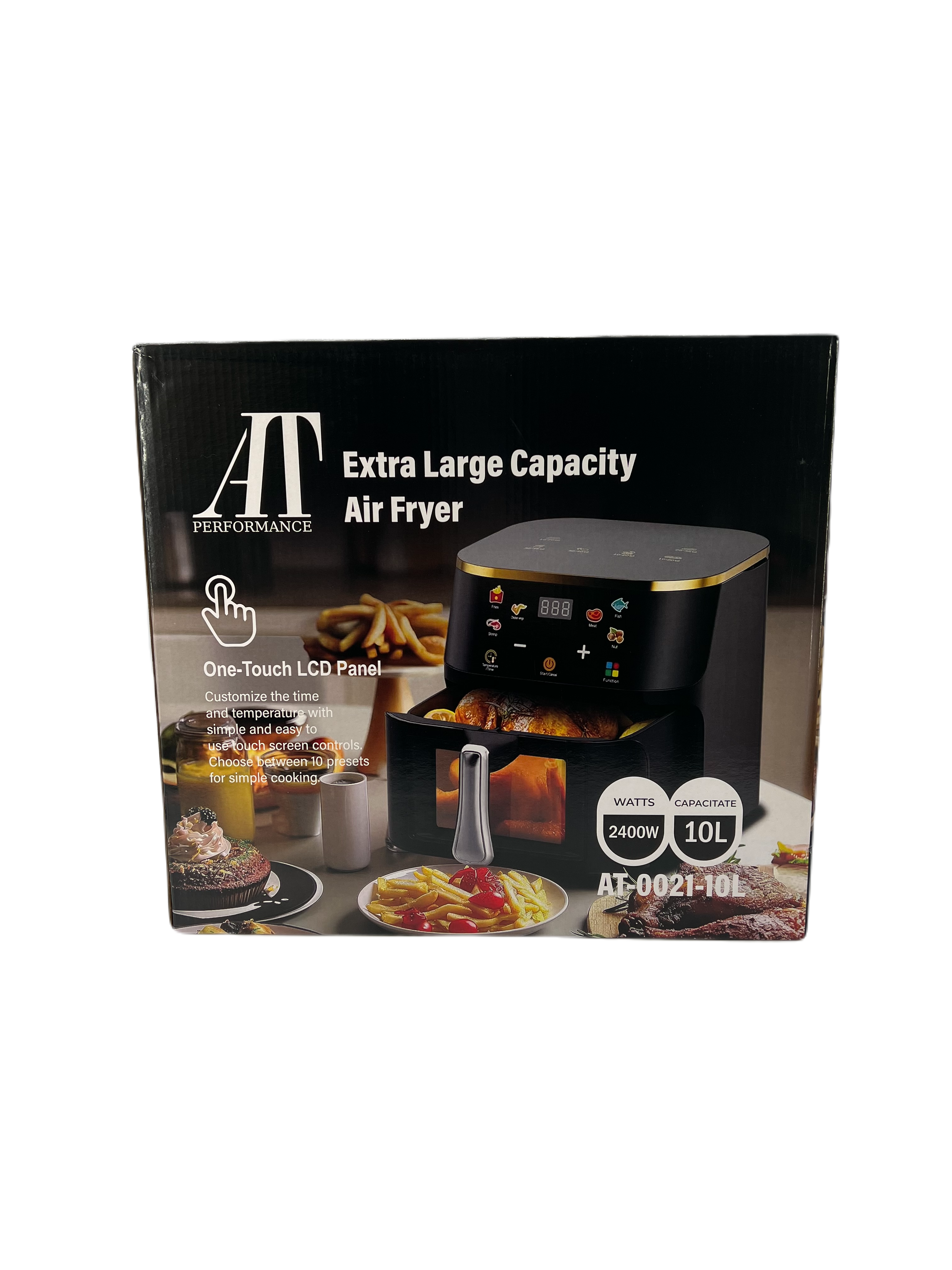 Friteuză cu Aer Cald 10L AT PERFORMANCE® – 2400W, Display Digital Touch, 8 Programe, cu Geam, Neagră + CADOU 50 Hârtii de Copt