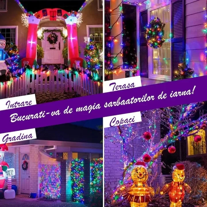 Set Decor Crăciun Premium – Brad Artificial 2.1m cu Zăpadă + Instalație Liniară 100m, 500 LED Multicolor, 8 Jocuri de Lumini