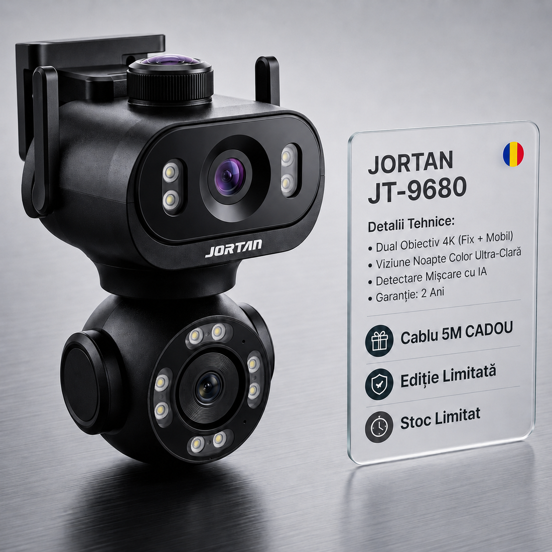 Camera Supraveghere WiFi JORTAN JT-9680 6MP Dual-Head PTZ + Cablu 5m Cadou