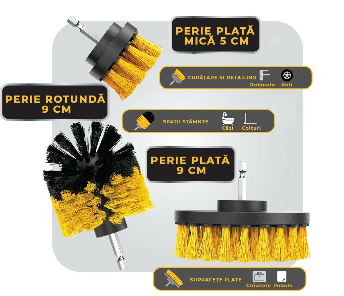 Set 3 Perii Rotative din Plastic Echo AT PERFORMANCE®, de Curatat Suprafete, Covoare, cu Adaptor, Diferite Marimi, Pentru Bormasina, Autofiletanta sau Masina de Gaurit